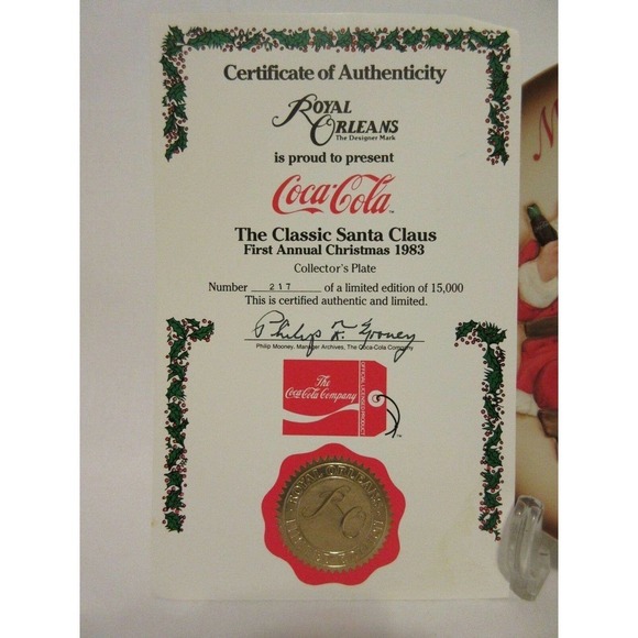 1983 Coca Cola Christmas Santa Collector Plate Royal Orleans First Annual #217 - Picture 6 of 12